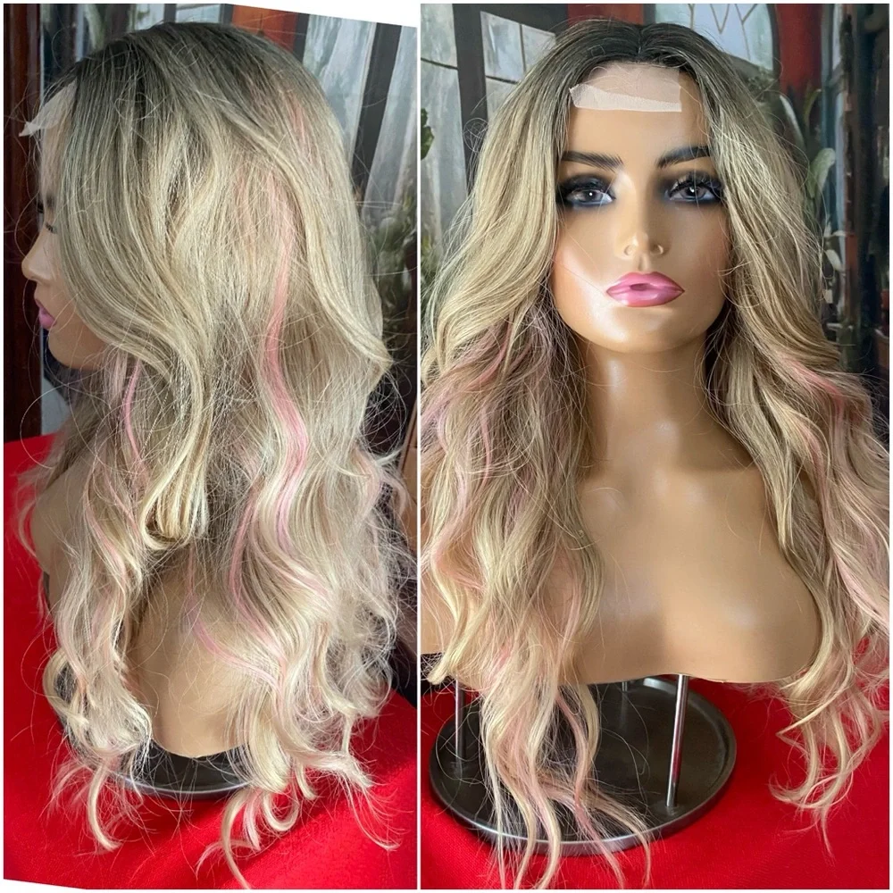 NEW Pink ribbon Highlights Center lace blonde wig-